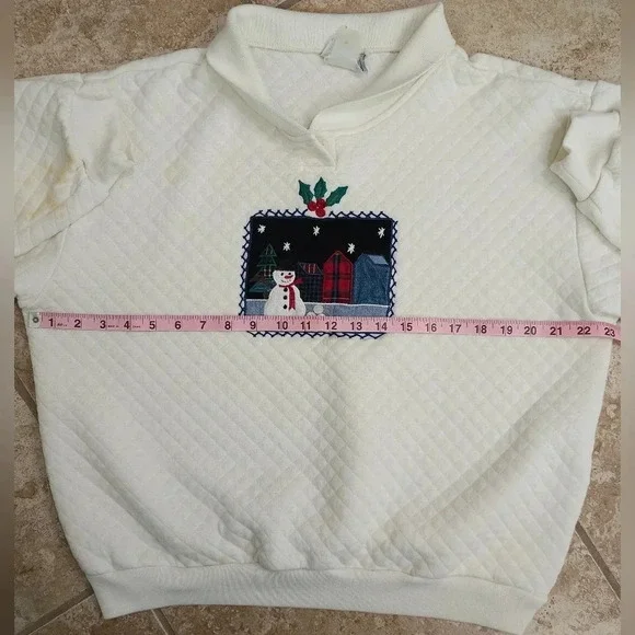 Vintage Jantzen Quilted Snowman Sweater Large White 80s Winter Holiday Pullover - Picture 8 of 9